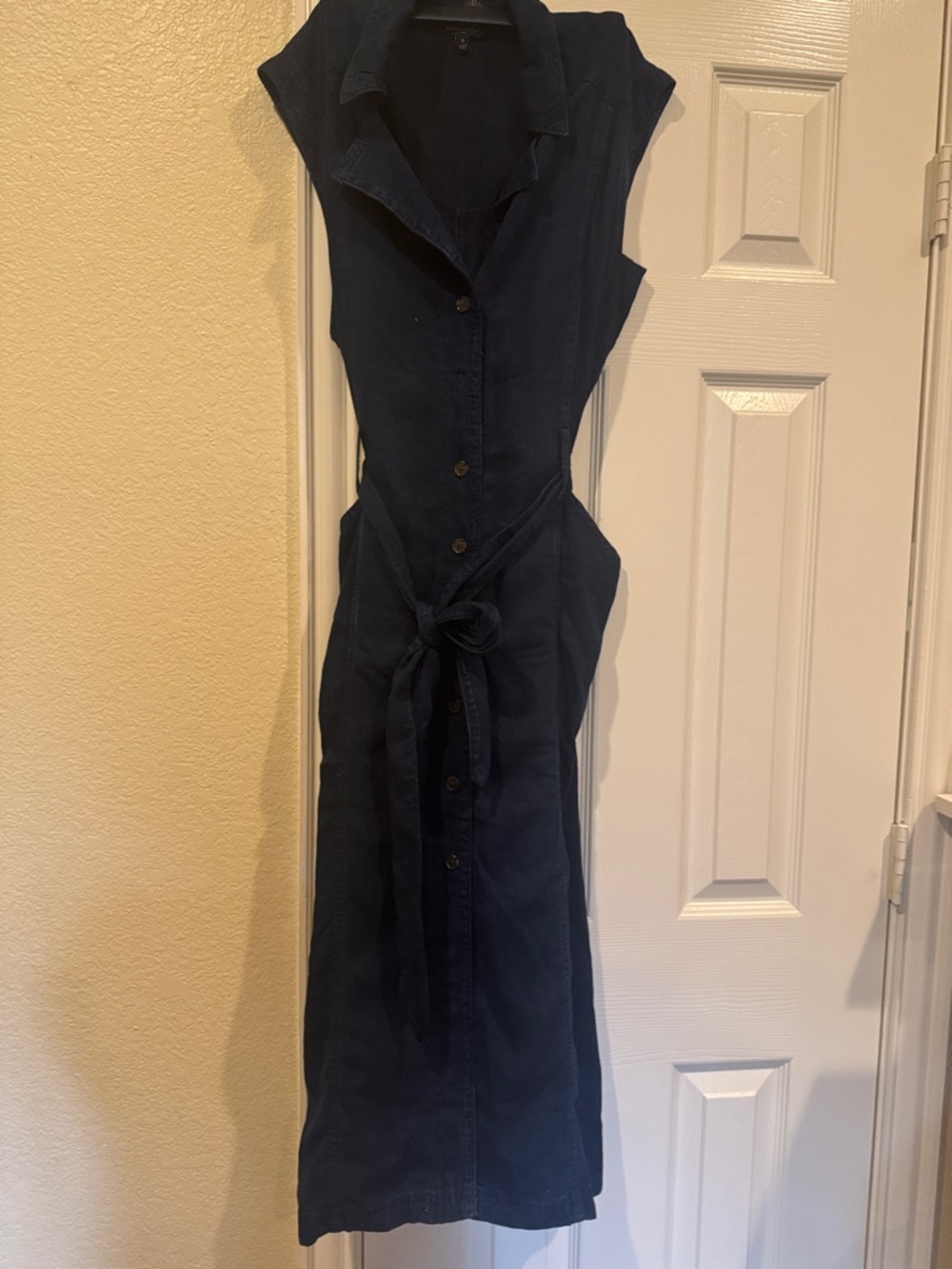 Banana Republic Navy Sleeveless Button-Front Midi Dress with Waist Tie